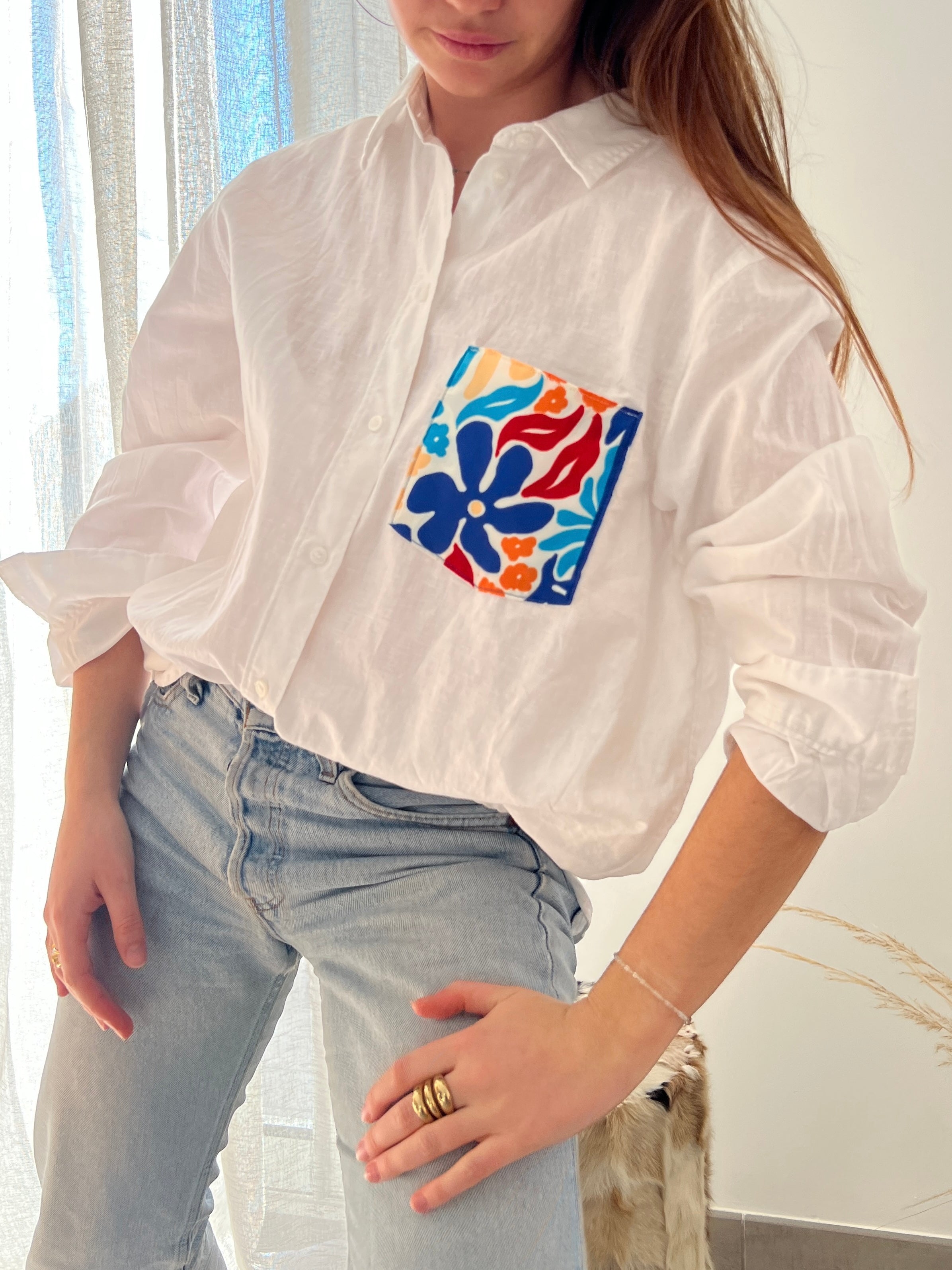 Chemise en lin Poche en foulard bleu