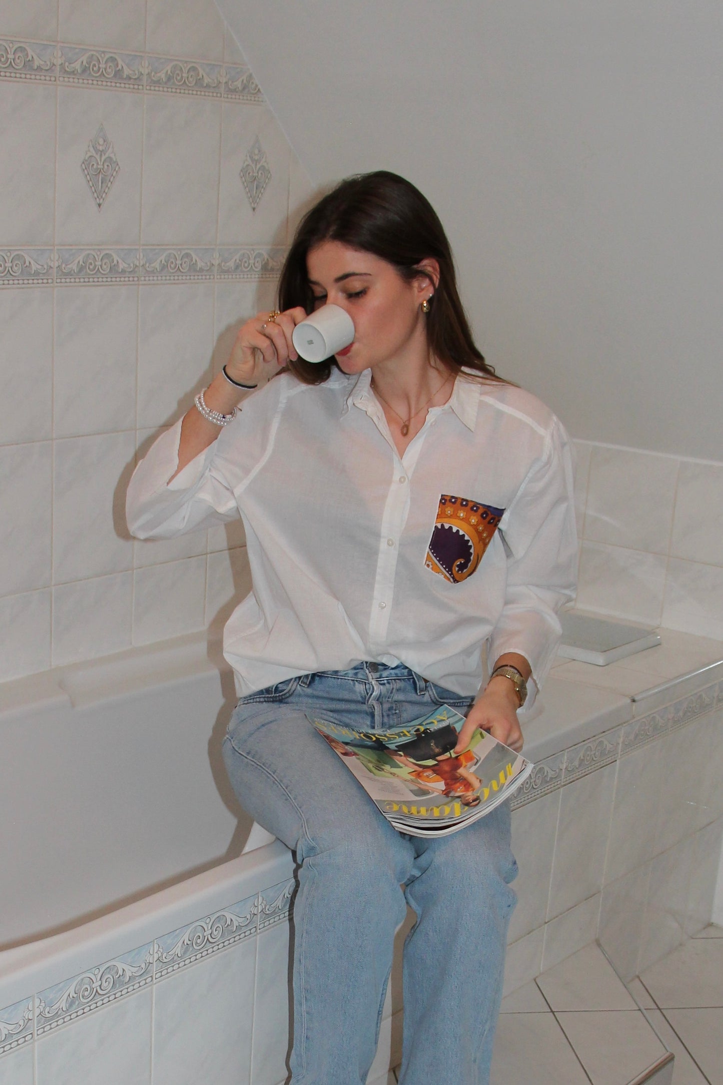 Chemise en lin poche en foulard brique