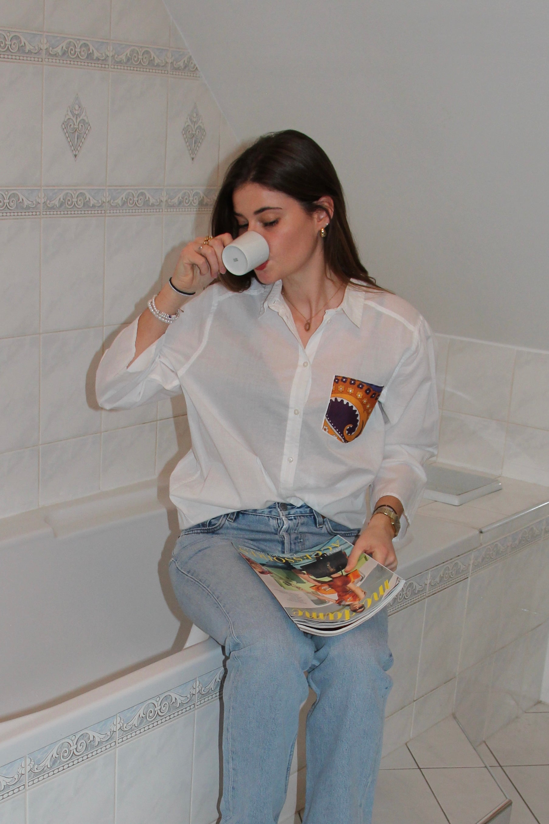 Chemise en lin poche en foulard brique